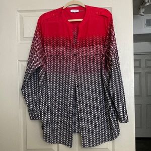 Calvin Klein Women’s Long Sleeve Button Up Blouse Size 1X (Red, Black, White)